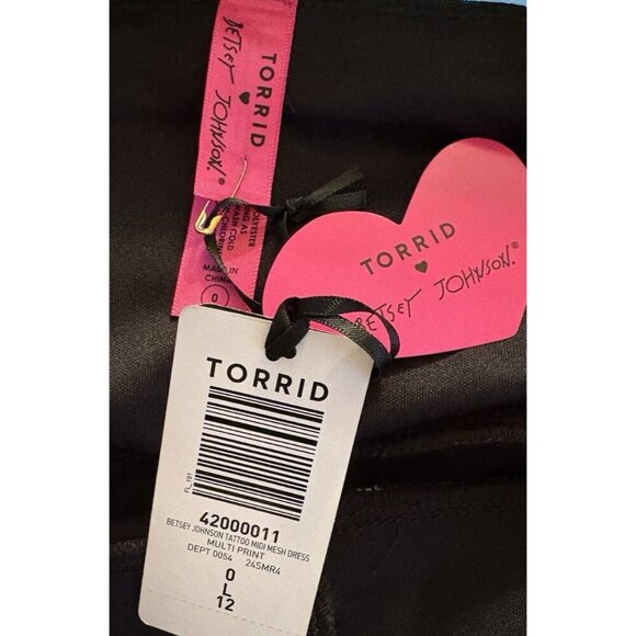 Betsey Johnson L Black Tattoo Icons Mesh Lined Surplice Neck Strappy Midi Dress - Picture 6 of 6